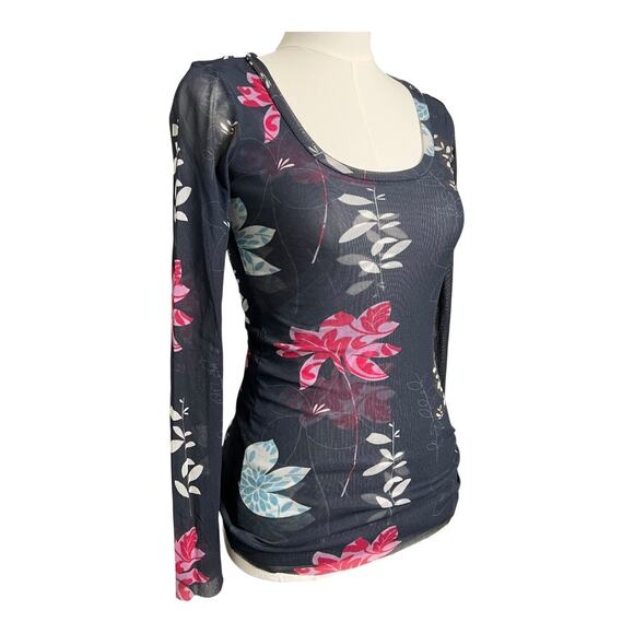 Y2K Style Shirt Top Trashy Club Party Floral Retro Small Mesh Sheer See through - Picture 2 of 6